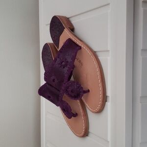 Jack Rogers thong flip flop leather sandal, purple embroidery at straps,…